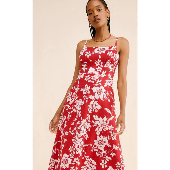 MADEWELL Womens 6 Red Floral Adjustable Straps Square Neck Smock Back MIDI Dress - Picture 3 of 11
